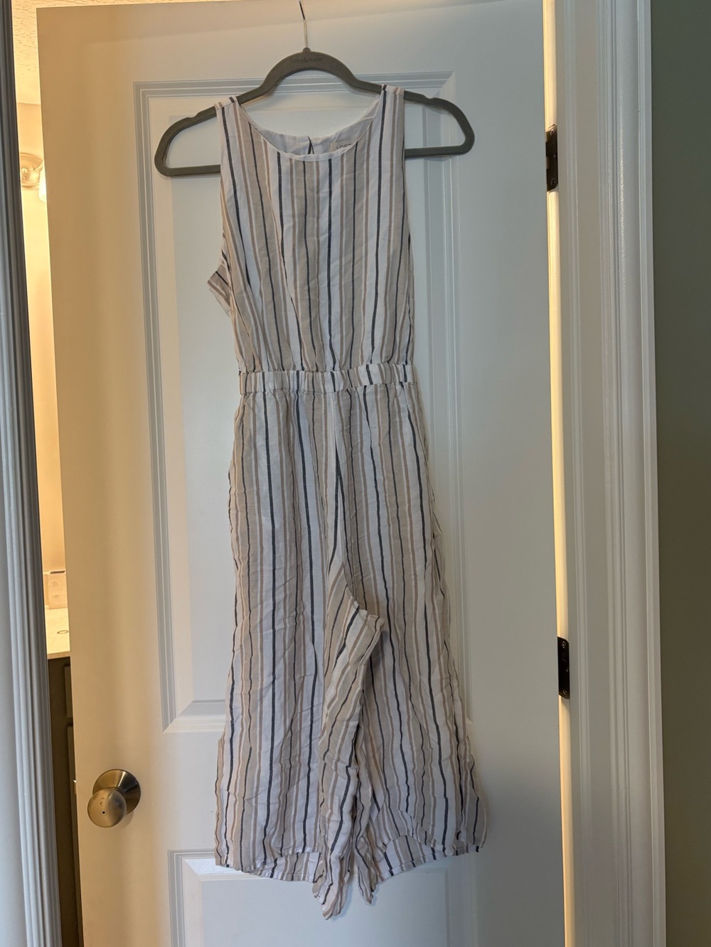 LOFT Cream Striped Jumpsuit Wide Leg Linen Blend Style Size 6 🤍